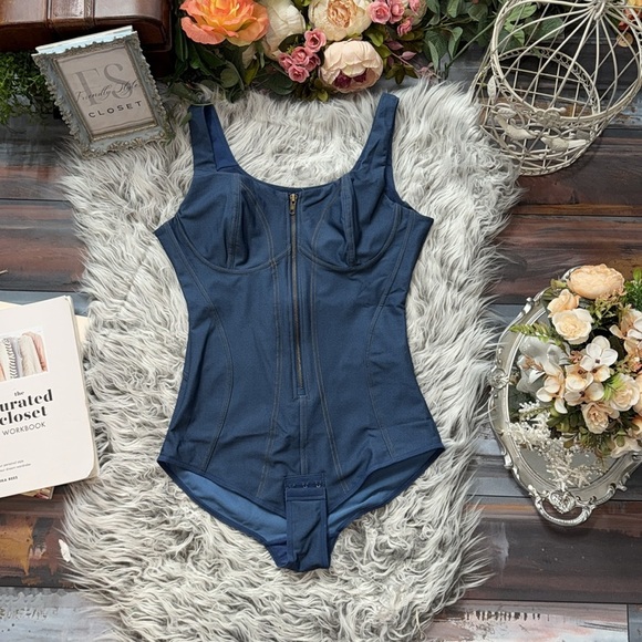Popilush Shapewear Denim Square Neck Tummy Control Slimming Tank Corset Bodysuit - Picture 3 of 10